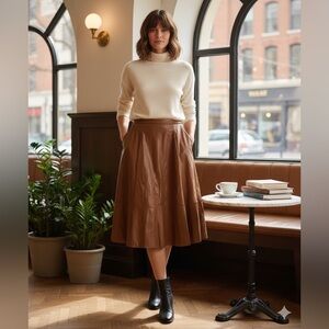 Space Style Concept Vegan Leather Brown Midi Skirt - Tiered A-Line - Size 40